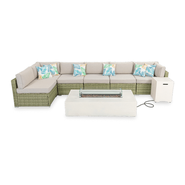 Maui 8 Piece L Shaped Outdoor Couch with Rectangular Fire Pit