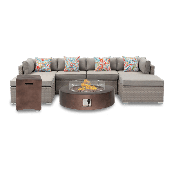 Maui 8 Piece Outdoor Sofa Set with Round Fire Pit and Tank Cover